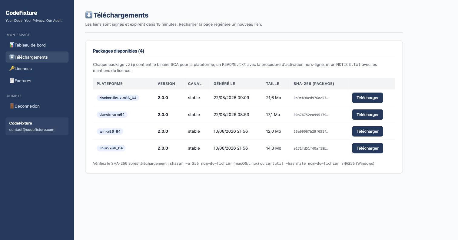 Downloads-Seite des Kundenportals mit den verfügbaren Paketen je Plattform, Größe und SHA-256